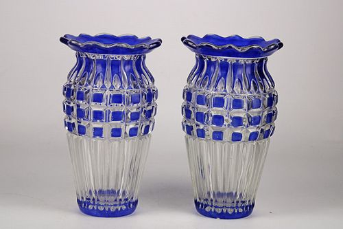 Pair of czechoslovakian  glass vases blue enamel