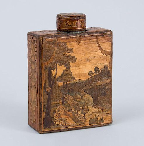 CONTINENTAL ENGRAVED AND TINTED MARQUETRY STRAW WORK TEA CADDY