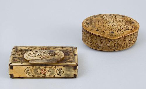 SPANISH COLONIAL ETCHED BONE SNUFF BOX AND A BOOK-FORM BOX
