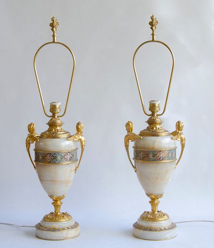 Pair of Napoleon III Lamps marble and enamel