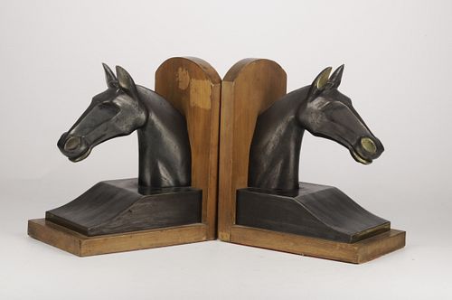 Pair of Art Deco bronze horse bookends in bronze and wood base