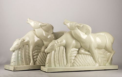 Couple of antelopes by Charles Lemanceau in cracked earthenware. Saint Clement