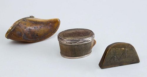 TWO CONTINENTAL RELIEF-CARVED HORN BOXES AND A BRASS-MOUNTED WALRUS TOOTH BOX