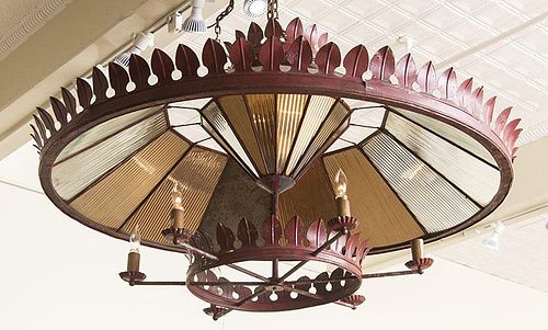 LARGE FRENCH TÔLE PEINTE AND MIRRORED SIX-LIGHT CHANDELIER