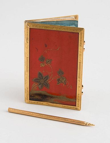 LOUIS XV GOLD-MOUNTED JAPANESE RED LACQUER NOTEBOOK AND PEN