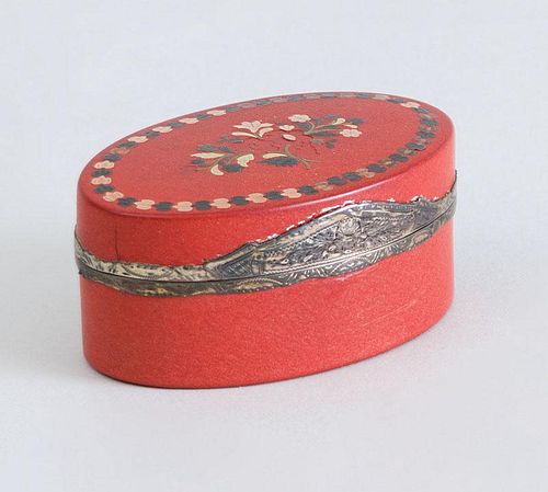 LOUIS XV SILVER-MOUNTED AND TWO-COLOR GOLD INLAID RED LACQUER OVAL BOX