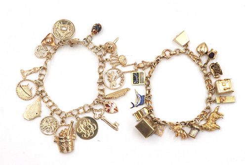 Two Whimsical Yellow Gold Charm Bracelets