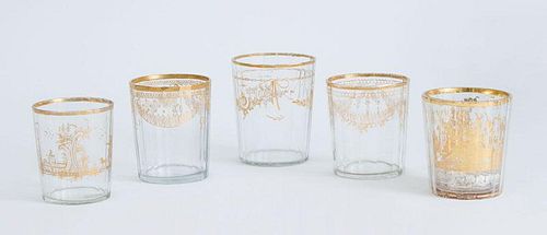 FIVE CONTINENTAL GILT-DECORATED FACETED-GLASS TUMBLERS