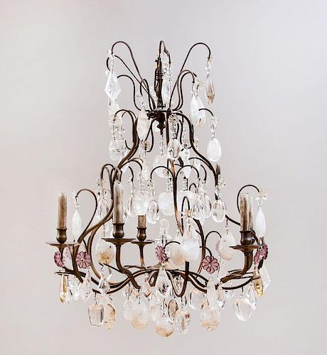 LOUIS XV STYLE METAL-MOUNTED ROCK-CRYSTAL AND GLASS FIVE-LIGHT CHANDELIER