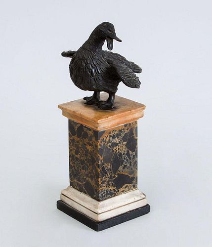 CONTINENTAL BRONZE FIGURE OF A DUCK ON VARIEGATED MARBLE PEDESTAL