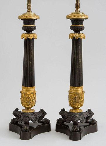 PAIR OF CHARLES X ORMOLU AND PATINATED-BRONZE CANDLESTICKS LAMPS