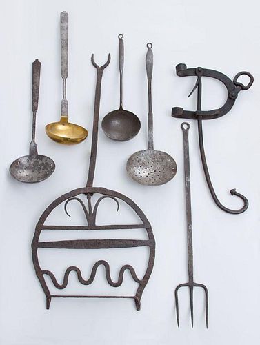 GROUP OF SEVEN WROUGHT-IRON IMPLEMENTS