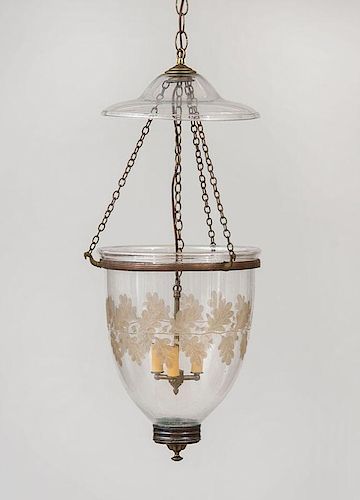 REGENCY STYLE ETCHED GLASS AND BRASS THREE-LIGHT HALL LANTERN