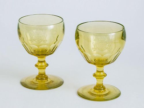 PAIR OF ANGLO-IRISH ARMORIAL ENGRAVED YELLOW WINE GLASSES