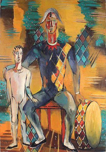 Serge Ferat, Oil on Canvas, Harlequin and Boy