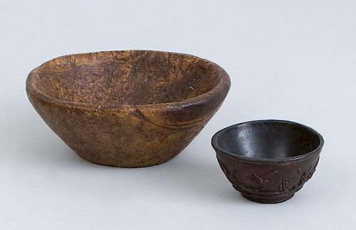 SMALL BURRWOOD BOWL WITH TAPERED SIDES AND A CHINESE RELIEF-CARVED HARDWOOD CUP