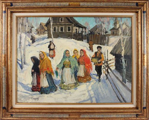 Anatoly Sokoloff, Oil on Canvas, Women in Snow