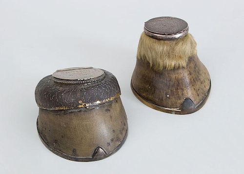 TWO LATE VICTORIAN SILVER-PLATE MOUNTED HORSE-HOOF INKWELLS