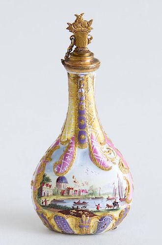 SOUTH STAFFORDSHIRE ENAMEL PEAR-FORM SCENT BOTTLE WITH CHAINED GILT-METAL STOPPER