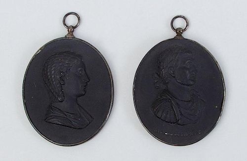 WEDGWOOD AND BENTLEY BLACK BASALTES RELIEF PENDANT "MAXIMIANUS" AND ANOTHER "AGRIPPINA"