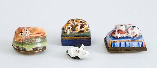 TWO SOUTH STAFFORDSHIRE ENAMEL BOXES, A DERBY PORCELAIN HOUND'S HEAD WHISTLE AND A PORCELAIN INKWELL MODELED AS A RECUMBENT DOG ON PILLOW