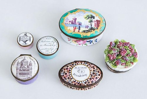 GROUP OF FIVE SOUTH STAFFORDSHIRE ENAMEL BOXES AND A PORCELAIN BOX