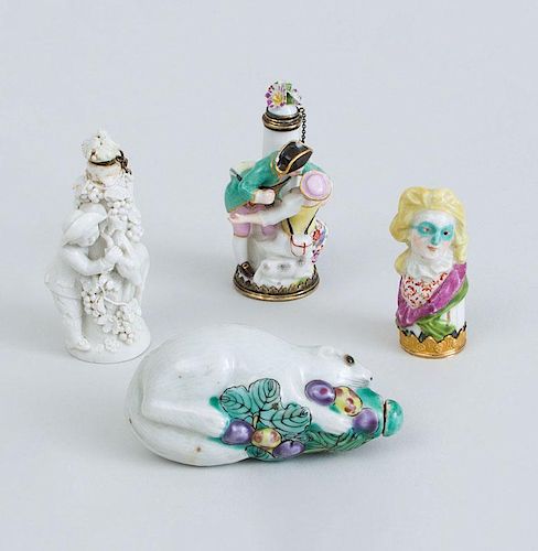 TWO CHELSEA-TYPE PORCELAIN FIGURAL SCENT BOTTLES, AN ETUI LID AND A CHINESE PORCELAIN SCENT BOTTLE