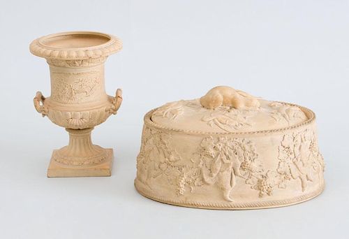 WEDGWOOD POTTERY GAME TUREEN AND COVER AND A POTTERY CAMPANI-FORM URN