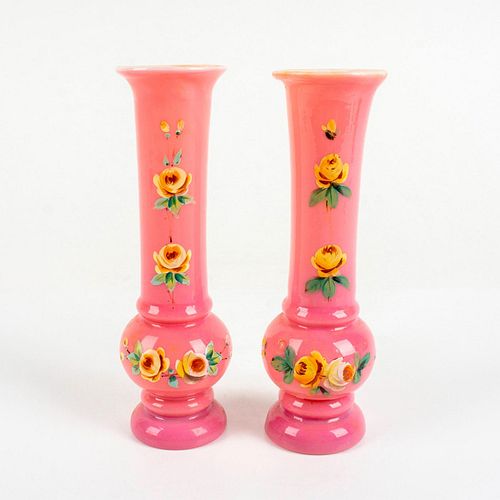 2pc Vintage Glass Hand Painted Floral Pink Vases Set