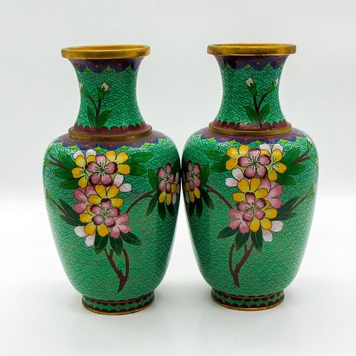 2pc Antique Hand Painted Green Chinese Cloisonne Vases