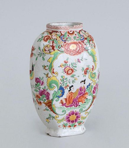 CONTINENTAL POLYCHROME DELFT VASE, IN THE FAMILLE ROSE STYLE