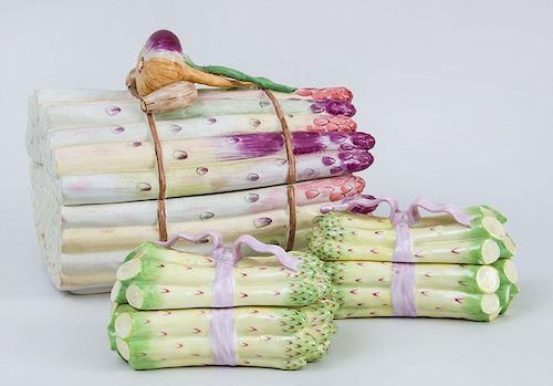 PAIR OF HEREND PORCELAIN BUNCHED ASPARAGUS-FORM SAUCE TUREENS AND COVERS AND AN ITALIAN ASPARAGUS-FORM TUREEN AND COVER FROM A MOTTAHEDEH DESIGN