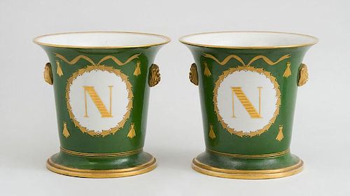 PAIR OF FRENCH EMPIRE STYLE PORCELAIN GREEN AND GILT-PAINTED CACHE POTS