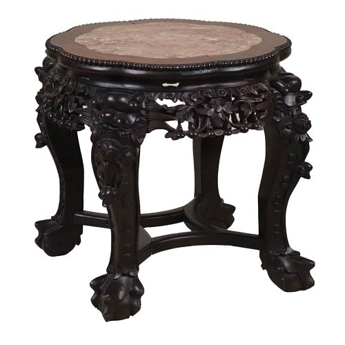Asian Carved Hardwood Marble Top Table