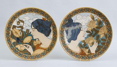 PAIR OF R. FOURNIER, METTLACH ART NOUVEAU POTTERY HANGING CHARGERS