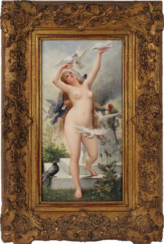 KPM Porcelain Plaque, Nude Woman with Birds