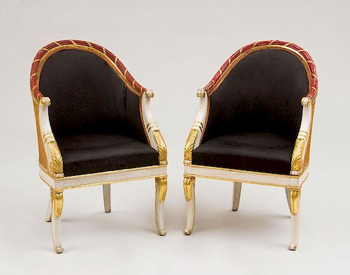 PAIR OF EMPIRE CREAM AND IRON-RED PAINTED AND PARCEL-GILT TUB CHAIRS