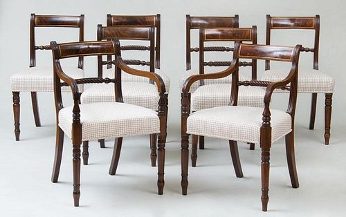 SET OF EIGHT REGENCY BRASS INLAID MAHOGANY DINING CHAIRS