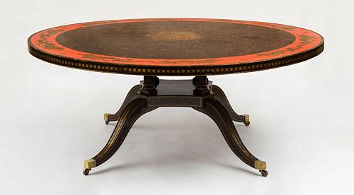 LARGE REGENCY STYLE FAUX TORTOISESHELL AND RED PAINTED AND PARCEL-GILT DINING TABLE