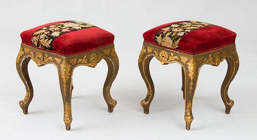 PAIR OF CONTINENTAL ROCOCO STYLE PAINTED AND PARCEL-GILT STOOLS