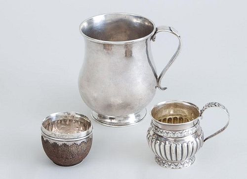 LATIN AMERICAN SILVER MUG, A CRESTED SILVER-RIMMED COCONUT COP AND GEORGE IV SILVER CUP