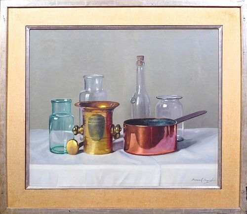 Romek Arpad: Still Life with Glassware and Copper Pots