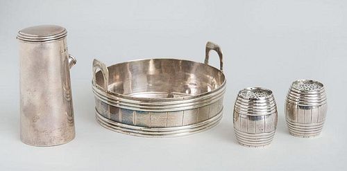 IRISH GEORGE III SILVER HALF-BARREL-FROM BOTTLE COASTER, A GEORGE III SILVER INDIVIDUAL POT AND A PAIR OF VICTORIAN SILVER BA