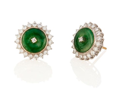 A pair of jade and diamond earrings