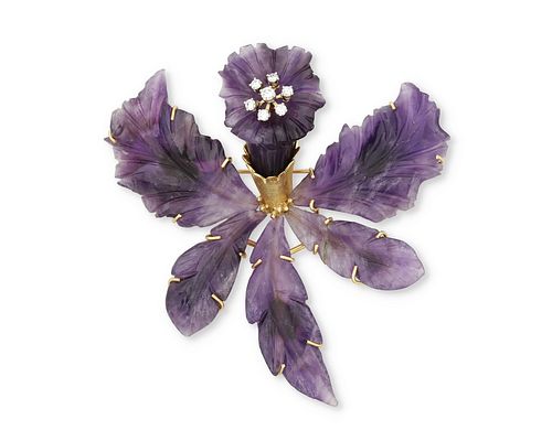 A Cellino carved amethyst and diamond flower brooch