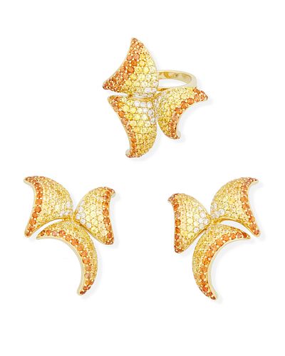 A set of orange sapphire, yellow sapphire and diamond flower jewelry