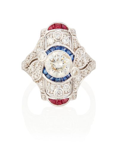 A sapphire, ruby and diamond ring