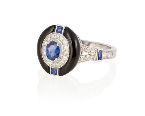 A sapphire, diamond and onyx ring