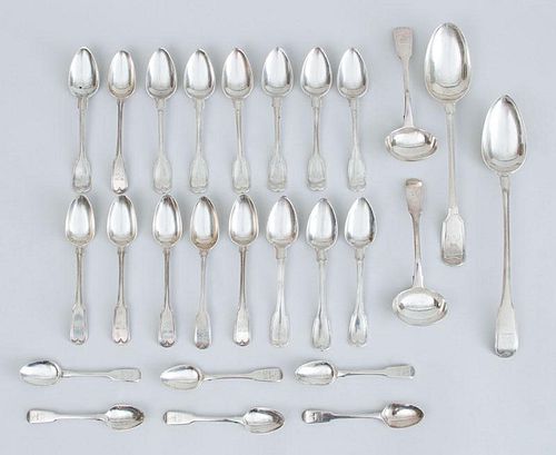 GROUP OF TWENTY-FIVE GEORGE III ASSEMBLED SILVER SPOONS IN THE "FIDDLE AND THREAD" PATTERN