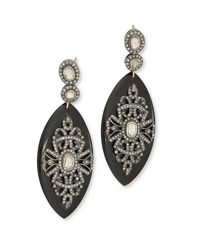 A pair of Indian diamond and onyx ear pendants